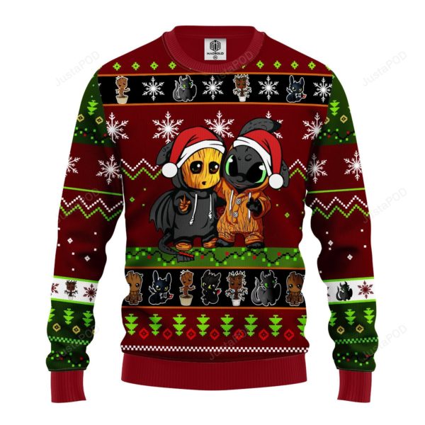 Baby Groot And Toothless Unicorn Santa Christmas Ugly Sweater