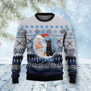 Back Cat Love Santa Moon Christmas Ugly Sweater