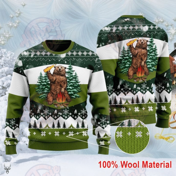 Bear Beer Campfire Christmas Ugly Sweater