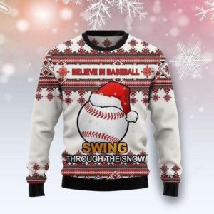 Believe In Baseball Swing Through The Snow Christmas Ugly Sweater