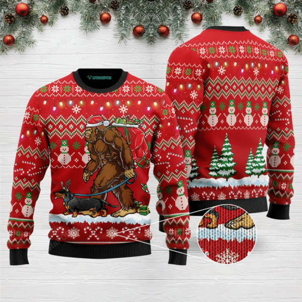 Bigfoot Santa And Dachshund Dog Christmas Ugly Sweater