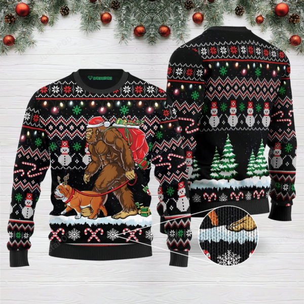 Bigfoot Santa And English Bulldog Christmas Ugly Sweater
