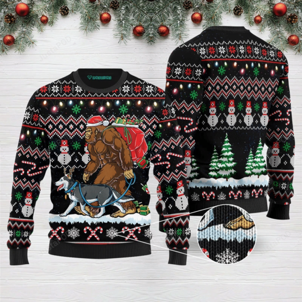 Bigfoot Santa And Husky Dog Christmas Ugly Sweater