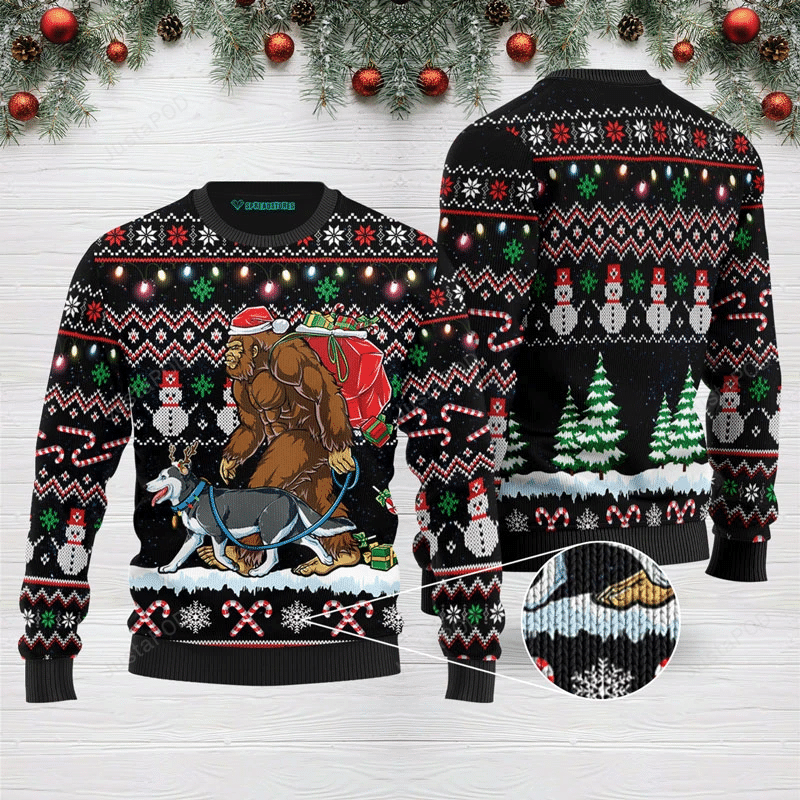 Bigfoot Santa And Husky Dog Christmas Ugly Sweater - REVER LAVIE