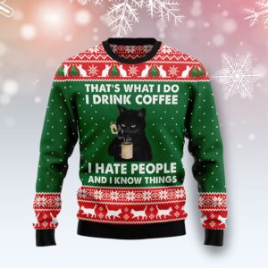 Black Cat Drink Coffee Christmas Ugly Sweater
