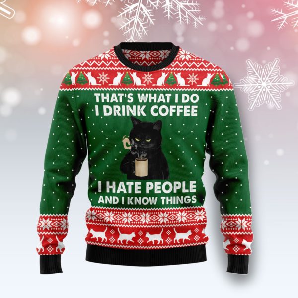 Black Cat Drink Coffee Christmas Ugly Sweater