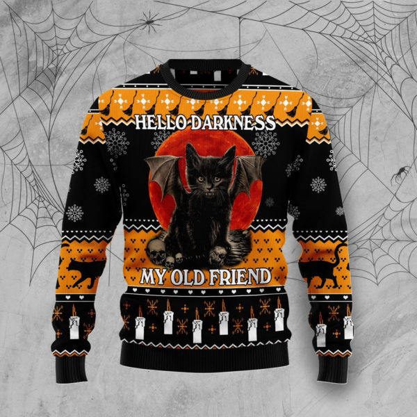 Black Cat Hello Darkness Christmas Ugly Sweater