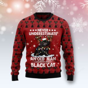 Black Cat Old Man Christmas Ugly Sweater