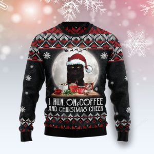 Black Cat Santa I Run On Coffee Christmas Ugly Sweater