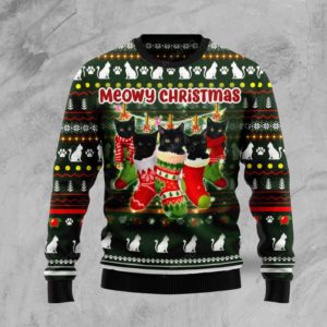 Black Cat Socks Meowy Christmas Ugly Sweater