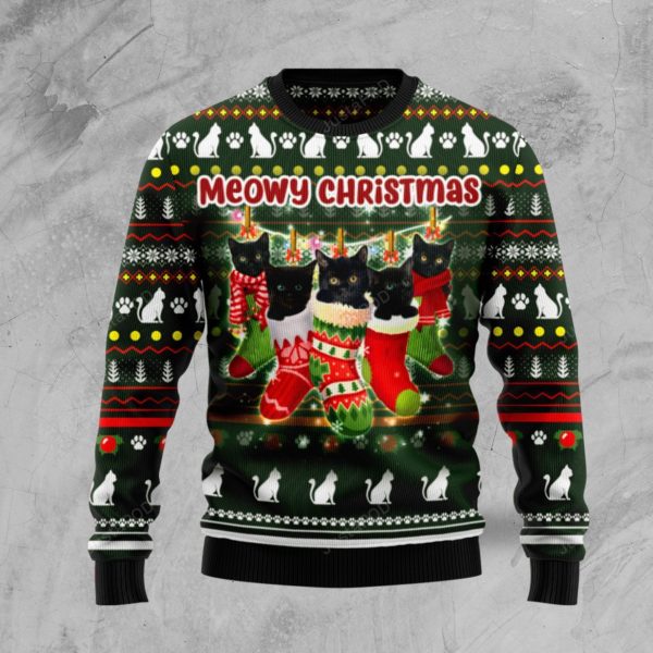 Black Cat Socks Meowy Christmas Ugly Sweater