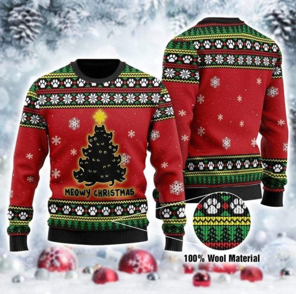 Black Cat Tree Meowy Christmas Ugly Sweater