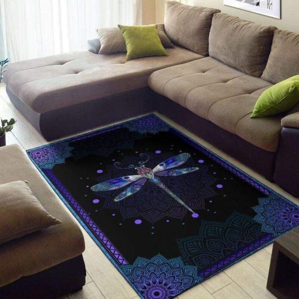 Blue Dragonfly Mandala Pattern Black Living Room Carpet Rug Home Decor