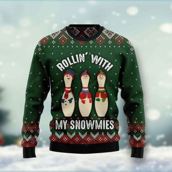 Bowling Rollin’ With My Snowmies Gifts Christmas Ugly Sweater
