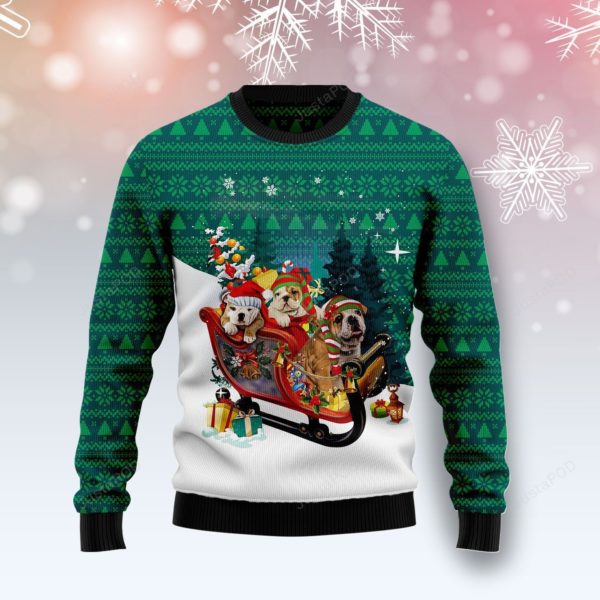 Bulldog Sleigh Drive Christmas Ugly Sweater