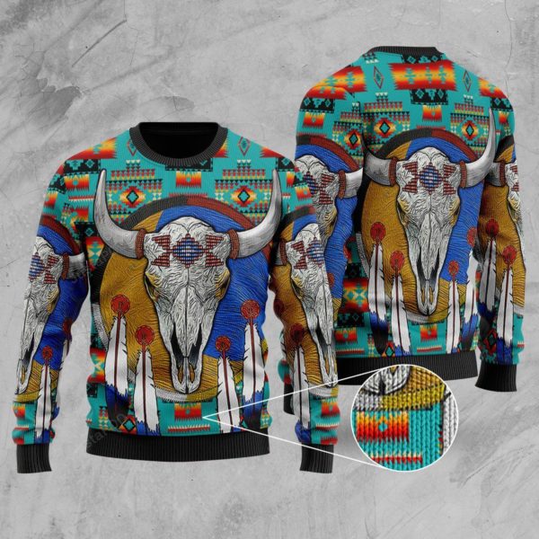 Cattle Skull Blue Native Tribes Christmas Ugly Sweater