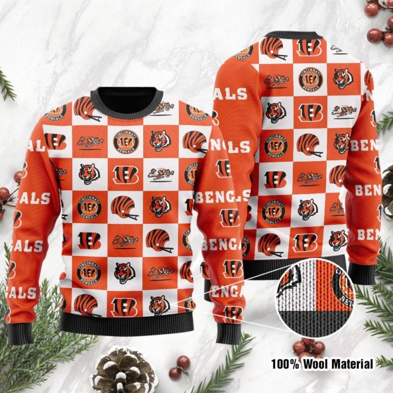 Cincinnati Bengals Logo Checkered Flannel Christmas Ugly Sweater