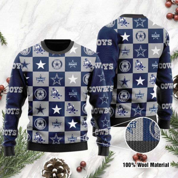 Dallas Cowboys Logo Checkered Flannel Design Christmas Ugly Sweater