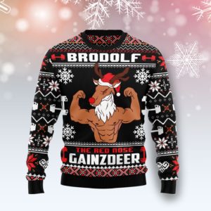 Reindeer Santa Brodolf The Red Nose Gainzdeer Gym Chrismas Ugly Sweater