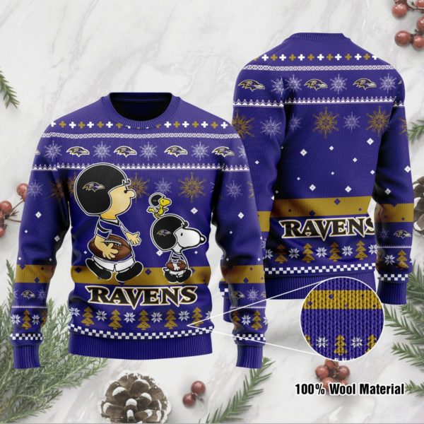 Snoopy Woodstock And Charlie Brown Baltimore Ravens Christmas Ugly Sweater