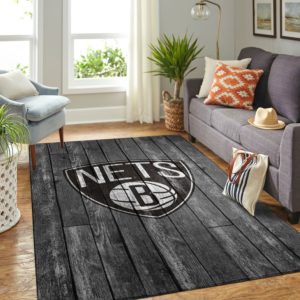 Brooklyn Nets Team Logo Grey Wooden Style Nice Gift NBA Living Room Carpet Rug Home Decor