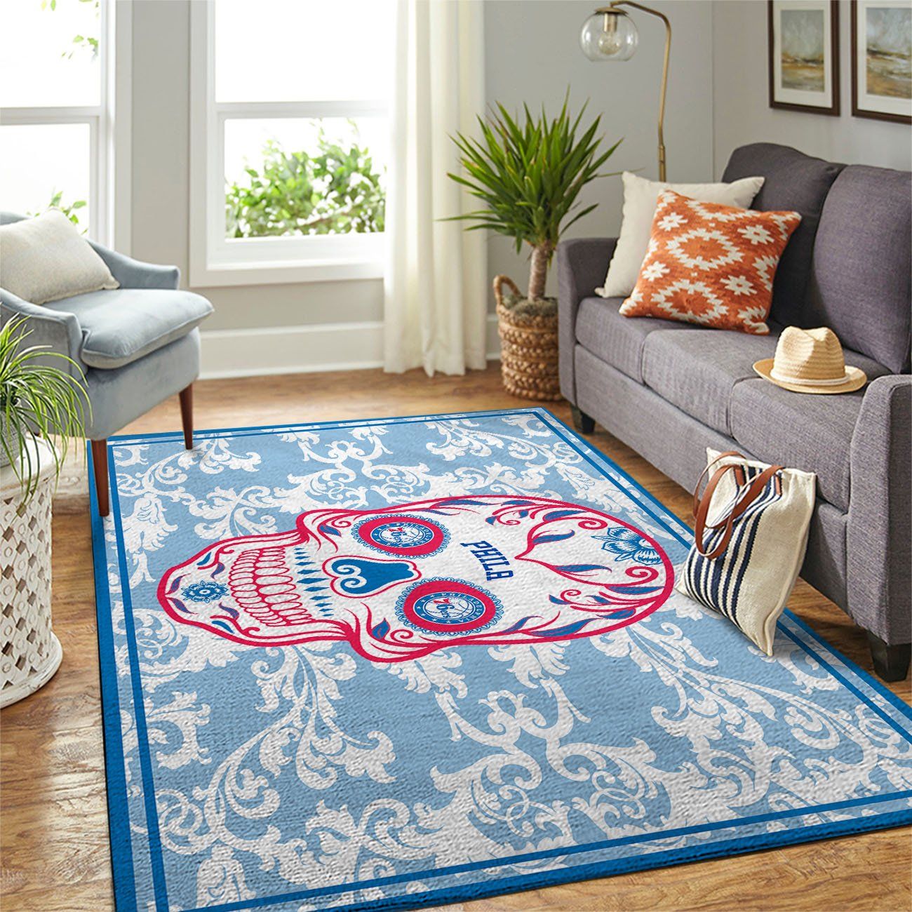 Philadelphia 76ers Team Logo Skull Flower Style Nice Gift NBA Rug Home Decor Philadelphia 76ers Team Logo Skull Flower Style Nice Gift NBA Rug Home Decor
