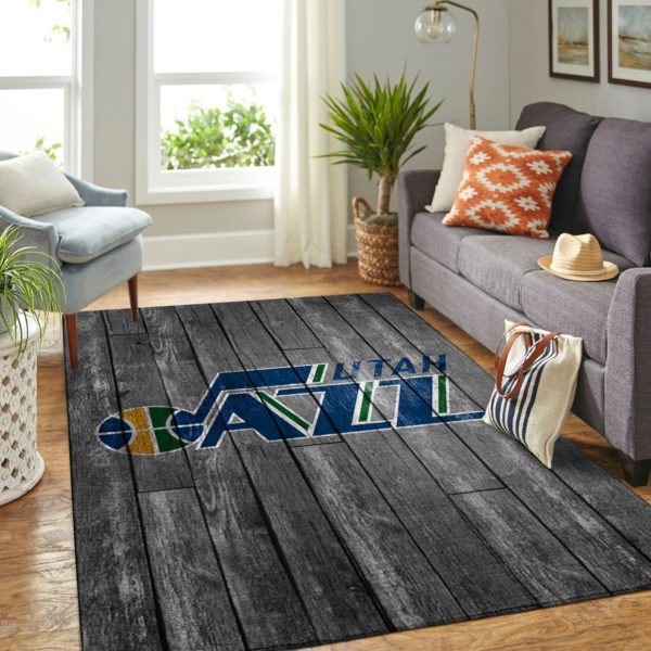 Utah Jazz Team Logo Grey Wooden Style Nice Gift NBA Living Room Carpet Rug Home Decor