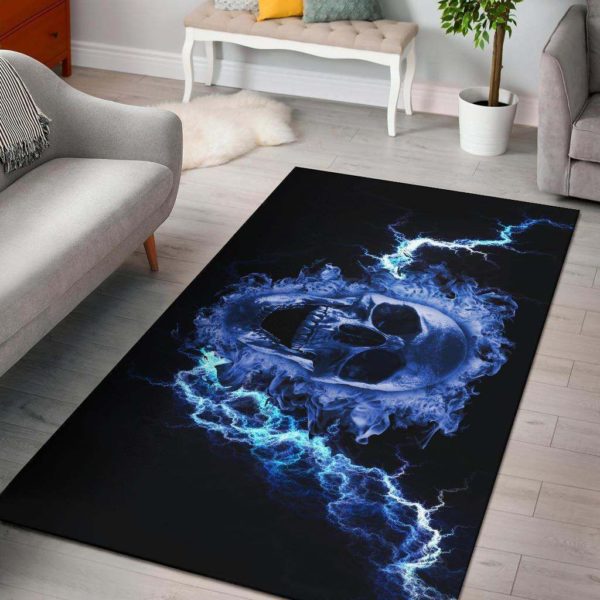 Blue Flaming Skull Area Rug Carpet