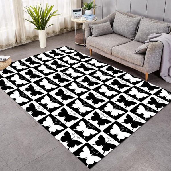 Checkerboard Butterflies Black And White Rug Home Decor