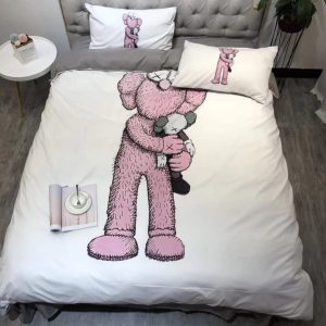 Pink Kaws Hug Kaws In White Background Bedding Set