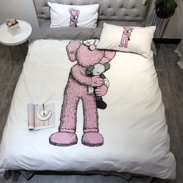 Pink Kaws Hug Kaws In White Background Bedding Set