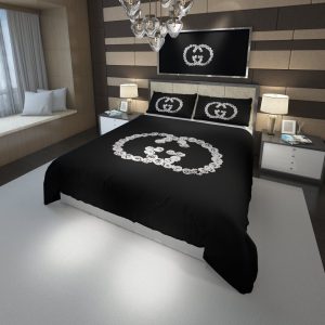 Luxury Gucci White Flower Logo In Black Background Bedding Set
