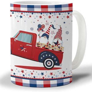 4th of July Mug Loads Of The Free Truck Carrying Gnome On Red And Blue Independence Day Ceramic Coffee Mug Tea Cup