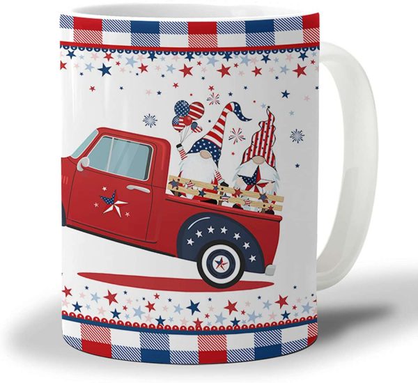 4th of July Mug Loads Of The Free Truck Carrying Gnome On Red And Blue Independence Day Ceramic Coffee Mug Tea Cup