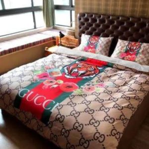 Gucci Floral Tiger With Vintage Web In Monogram Background Duvet Cover Set