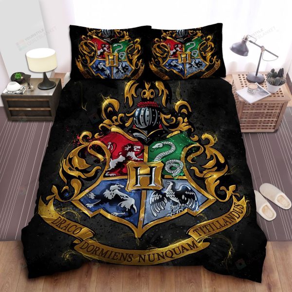 Harry Potter Hogwarts Logo In Mistic Black Background Bedding Set Full