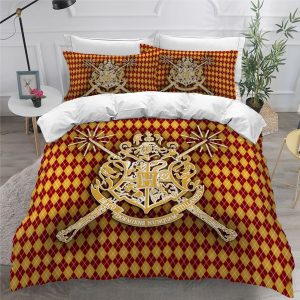 Harry Potter Hogwarts Logo In Yellow And Red Plaid Background Queen Bedding Set