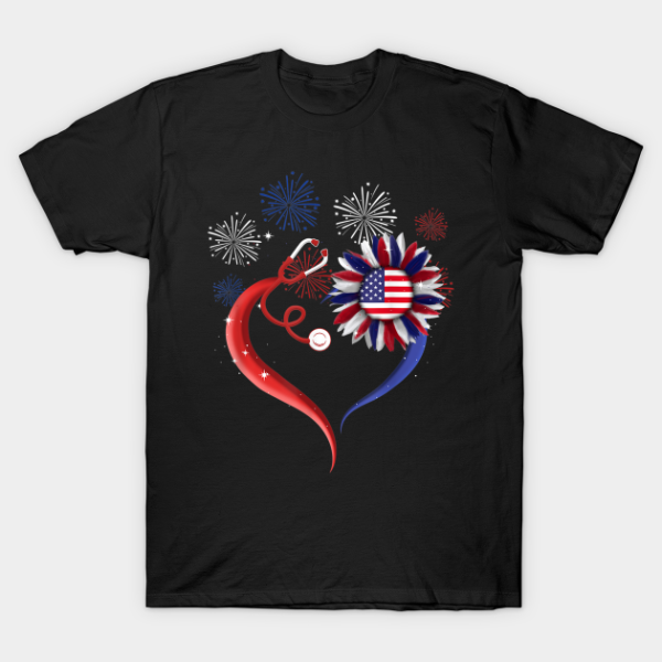 Heart Sunflower Stethoscope USA Flag Nurse 4th of July Independence Day Unisex T-Shirt