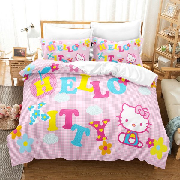 Hello Kitty Cute In Pink And White Stripes Background Bedding Set Twin