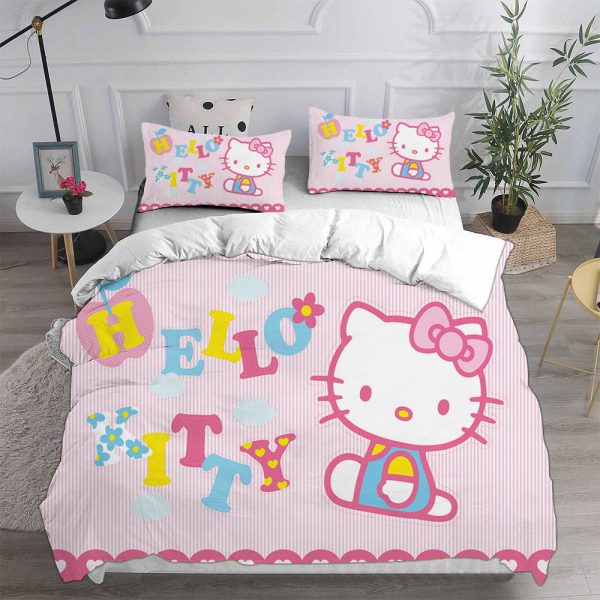 Hello Kitty Cute In Pink Stripes Background Bedding Set Twin
