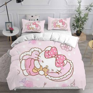 Hello Kitty Hugging Teddy Bear In Baby Pink Background Bedding Set Full