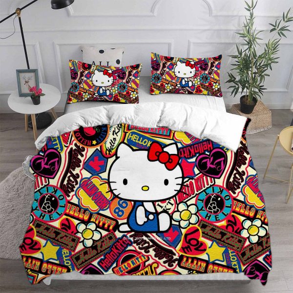 Hello Kitty In Colorful Stickers Background Bedding Set Full
