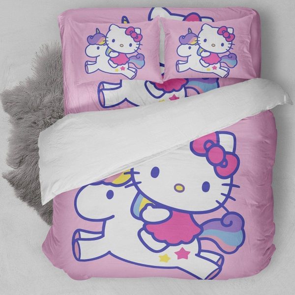 Hello Kitty Riding Unicorn In Pink Background Bedding Set Twin