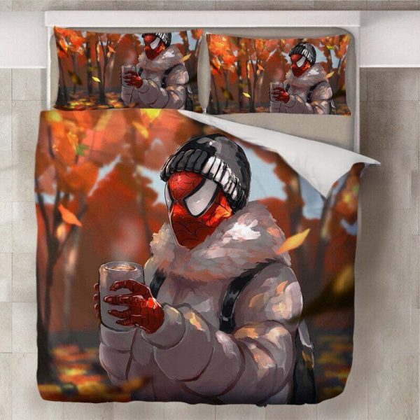 Spiderman In Winter With Leaves Fall Background Bedding Set Full