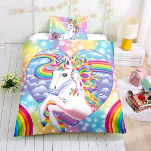 Unicorn Colorful Cloud And Rainbow In Twinkle Background Bedding Set Twin