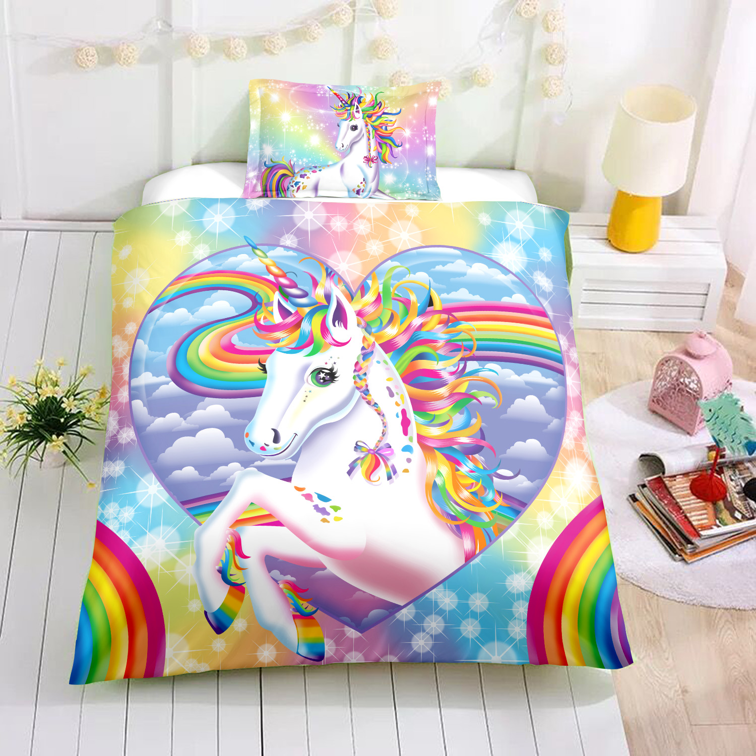 Unicorn Colorful Cloud And Rainbow In Twinkle Background Bedding Set Twin Unicorn Colorful Cloud And Rainbow In Twinkle Background Bedding Set Twin