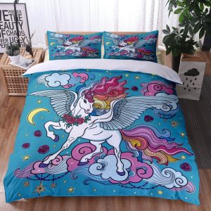 Unicorn Colorful Hair With Wings In Blue Background Bedding Set Twin