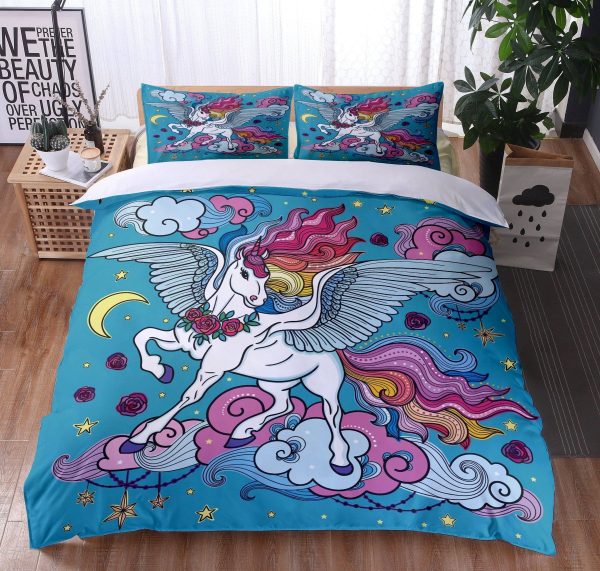 Unicorn Colorful Hair With Wings In Blue Background Bedding Set Twin