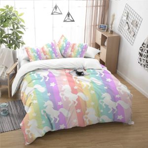 Unicorn Pattern In Rainbow Stripes Background Bedding Set Full