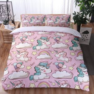 Unicorn Pattern With Cloud And Rainbow In Cute Pink Background Bedding Set Twin